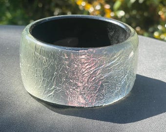 Vintage lucite wide silver foil insert black  Bracelet Bangle 7 cm