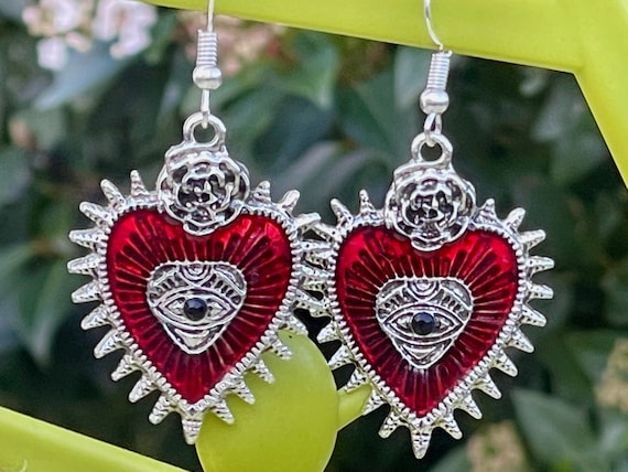 GOTH HEART EARRINGS silver red resin gift for her punk vampirecore cool edgy halloween blood