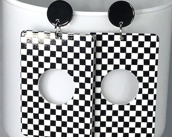MONOCHROME EARRINGS RETRO sixties black and white silver plated