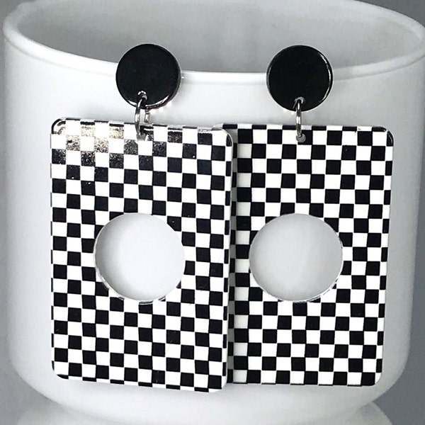 MONOCHROME EARRINGS RETRO sixties black and white silver plated