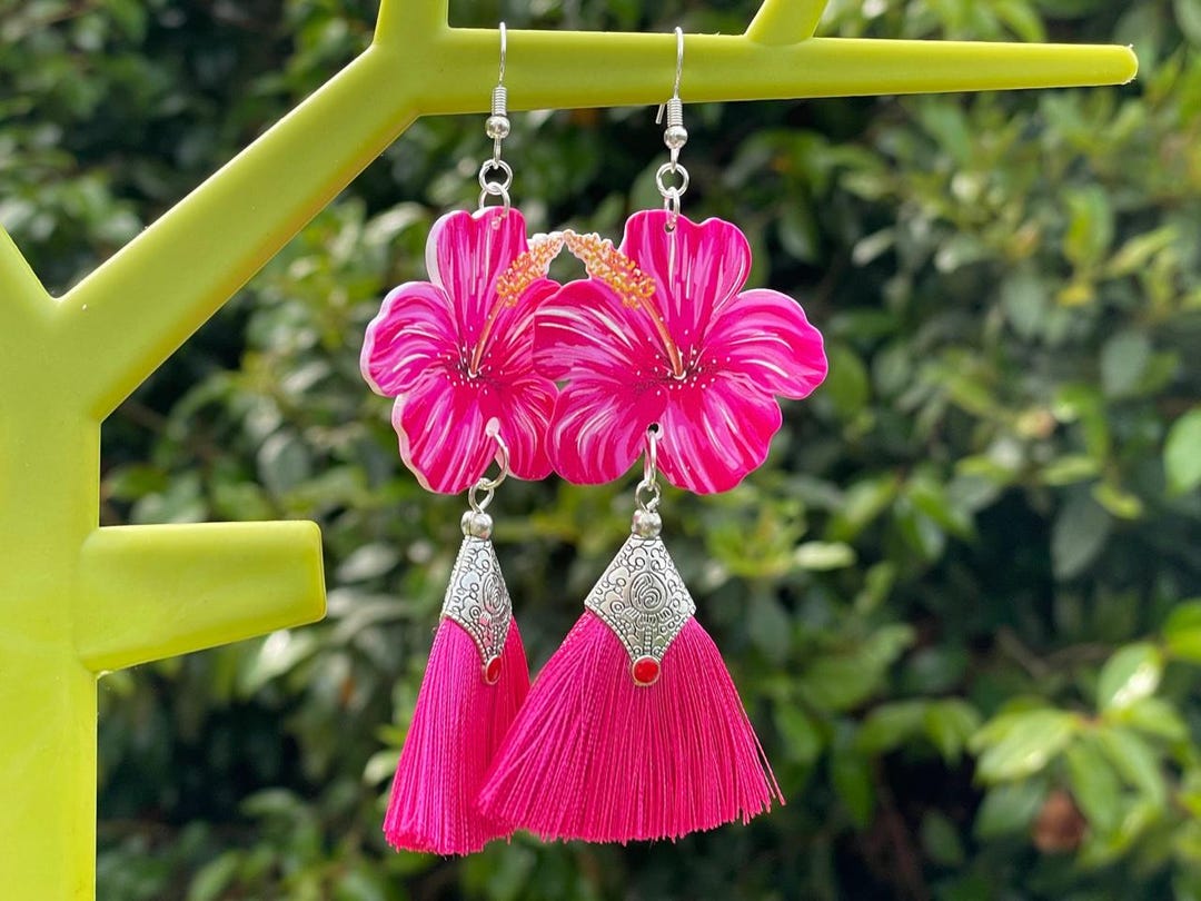 Hibiscus Tassel Earrings Flower Hot Pink Cute Kawaii Gift for Her