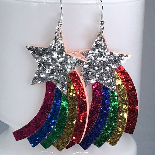 RAINBOW GLITTER EARRINGS faux leather seventies disco kawaii light earrings gift for her cool earrings cute quirky groovy shooting star