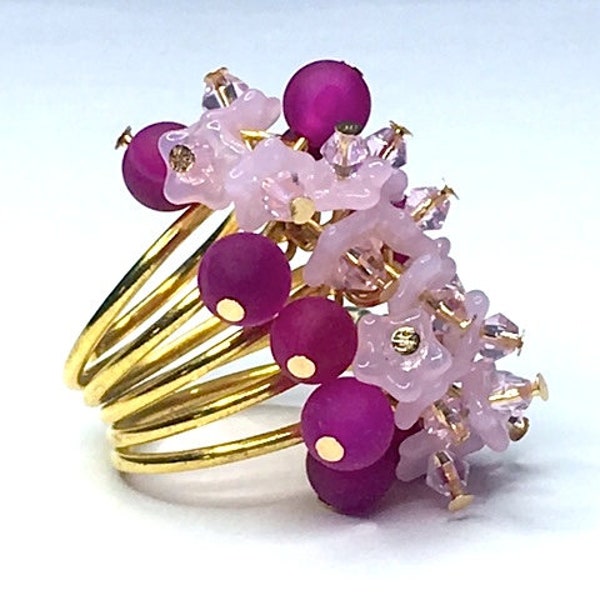 crystal elements flower ring Czech glass flowers semi precious magenta onyx stones cocktail crystal unique cluster statement