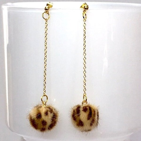 FUR POMPOM EARRINGS leopard skin fake fur chain seventies gold plated retro disco vintage dangle earrings drop