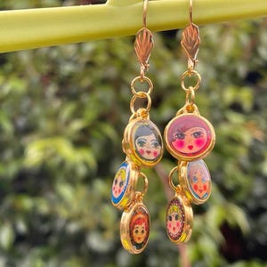 Russian doll EARRINGS mismatched gold plated french fan ear wire babushka matryoshka cluster gorgeous