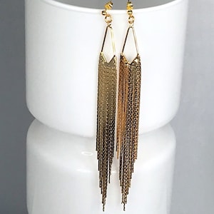 GOLD FRINGE EARRINGS retro tassel gold plate snake chain seventies groovy funky earrings disco gift for her statement quirky cool