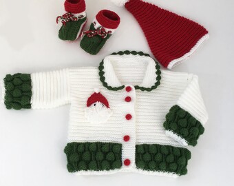 Christmas set/Santa Claus Outfit/Handknitted Toddler Santa Claus Suit set 3 pcs Patched Jacket,hat,bootties Chroched Baby Clothes 3-5years