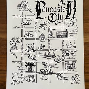 Carte médiévale de la ville de Lancaster, Pennsylvanie - Impression giclée 8 x 10 d'une carte dessinée à la main des magasins et des emplacements dans le centre-ville de Lancaster