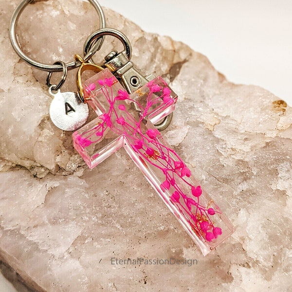 Pink Flower Resin Custom Initial Keychain, Cross Unique Keyring, personalized  Baptism Gift, Baptism Favors, Religious Gifts, Made To Order