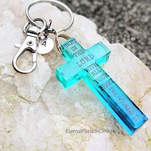Resin Cross Keychain: Custom Initial, Bible Verse, Baptism Gift