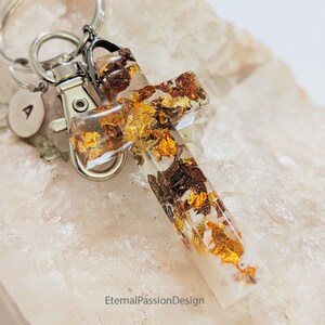 Gold Leaf Resin Cross Keychain: Custom Initial Tag, Baptism Gift