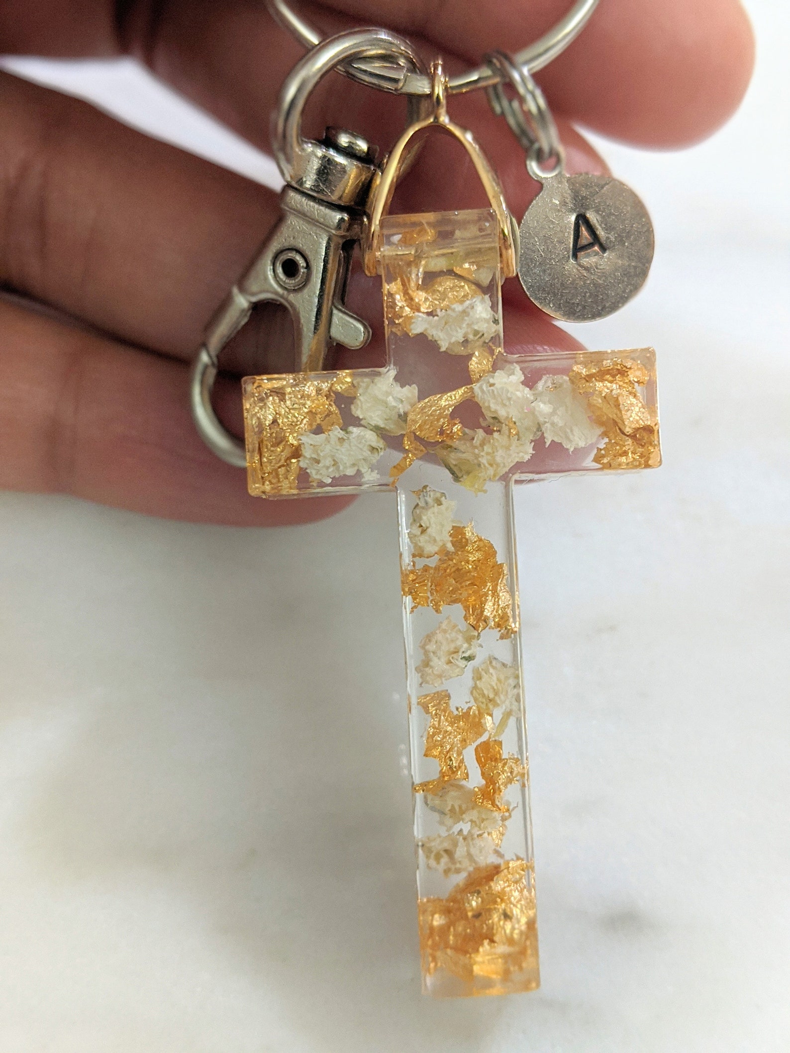 Resin Real Flower Custom Initial Cross Keychain Personalized Etsy