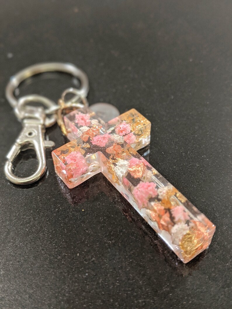 Resin Flower Cross Keychain Personalized Gift Baptism Gift Etsy