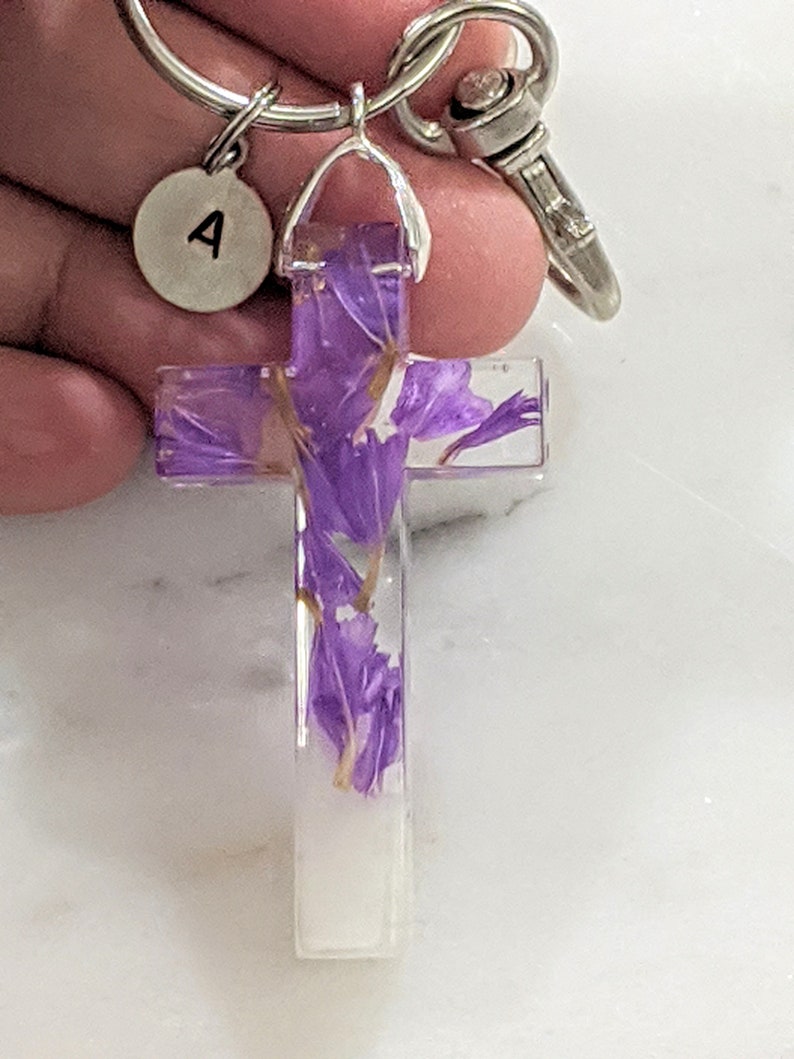 Purple Pressed Flower Resin Keychain Cross Keyring Etsy
