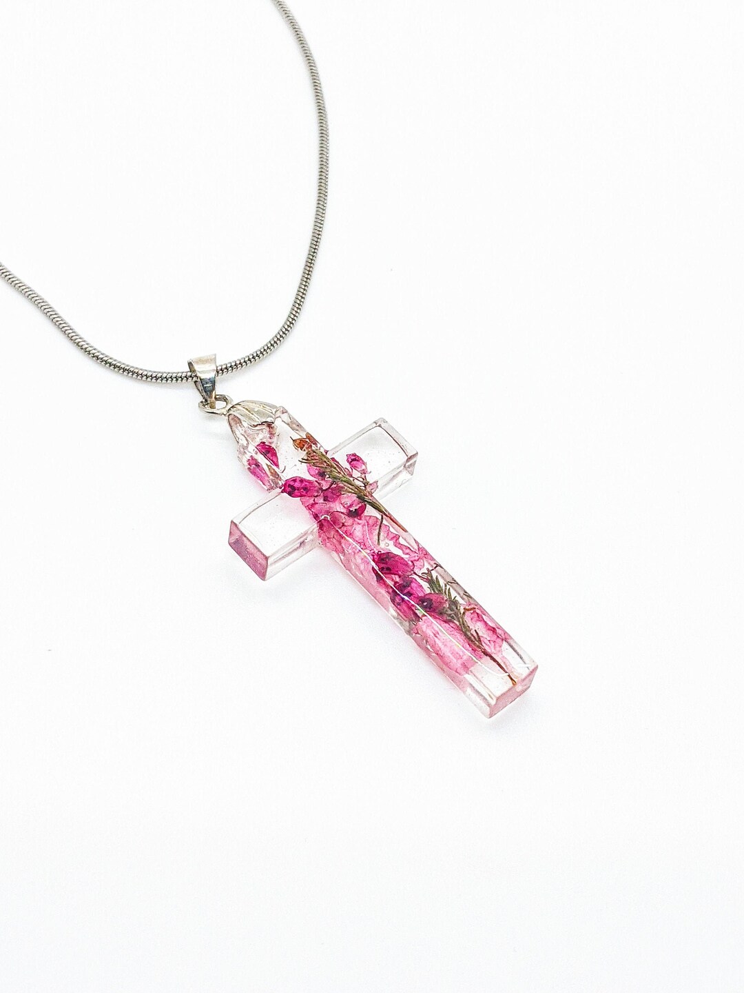 Pink Pressed Flower Cross Necklace, Christian Gifts, Gift for Women