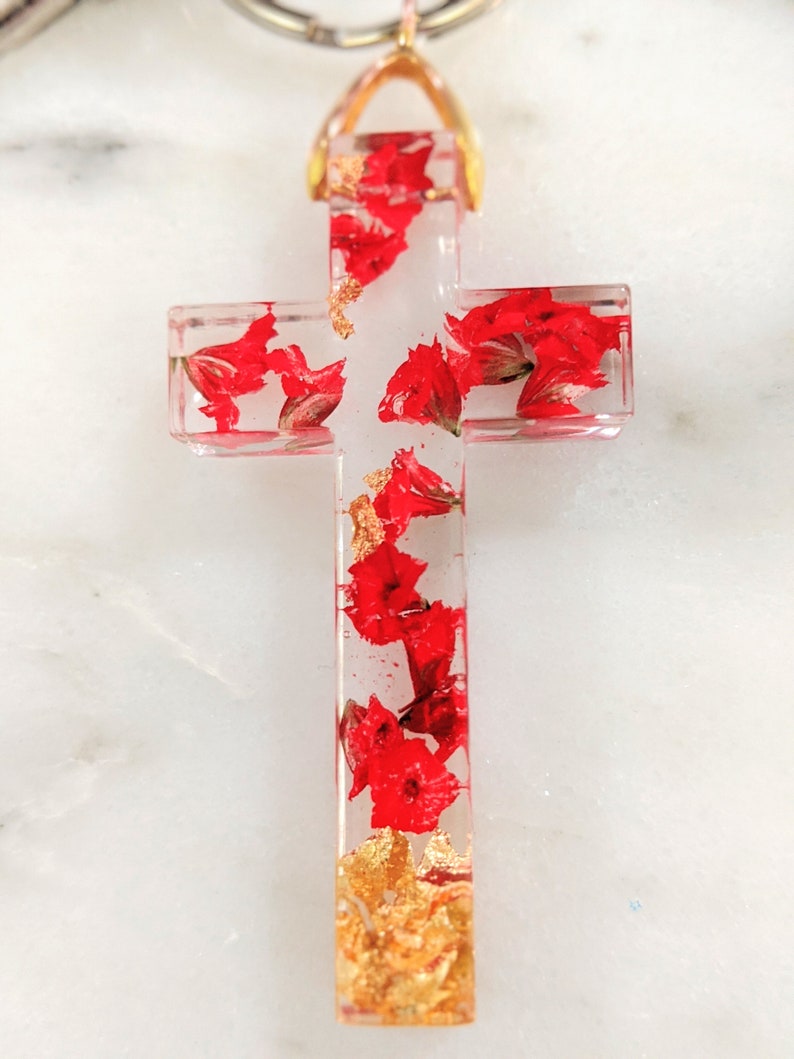 Red Flower Resin Custom Initial Cross Keychain Unique Etsy
