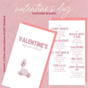 Könnte beinhalten: Eine rosa und weiße Illustration eines Autos mit Ballons, mit dem Text "Valentine's diffuser blends" darüber. Unter dem Auto befinden sich verschiedene Diffusor-Mischrezepte mit Namen wie "Candy Hearts", "Sealed with a Kiss" und "Love Potion #9".