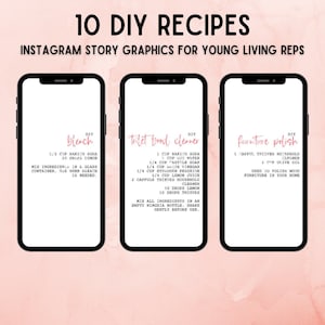 Może przedstawiać: Trzy makiety ekranów telefonów z różowymi tłami i białym tekstem. Każda makieta przedstawia przepis DIY na produkty do czyszczenia: wybielacz, środek do czyszczenia toalety i politurę do mebli. Przepisy zawierają takie składniki jak soda oczyszczona, cytryna i olejek eteryczny Thieves.