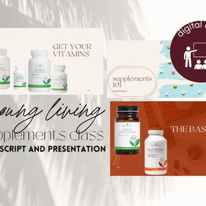 May include: A digital download class on Young Living supplements, featuring a variety of bottles of supplements, including Super C, Super B, Life 9, and Sulfurzyme. The class is titled "Young Living Supplements Class" and includes a script and presentation. The image also includes a graphic of a teacher presenting to a class, with the text "digital download".