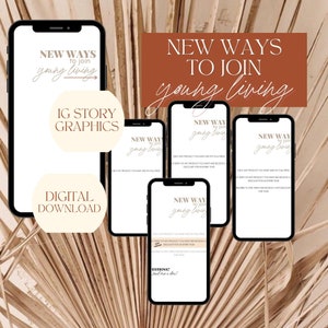 Może przedstawiać: Pięć cyfrowych makiet ekranów telefonów w brązowo-białym schemacie kolorów. Tekst na makietkach brzmi "Nowe sposoby dołączenia do Young Living" i "Grafika historii IG". Tekst na makietach jest w brązowej czcionce z białym obramowaniem. Tło makiet jest jasnobrązowe. Makiety są ułożone w siatkę. Tekst "Pobierz cyfrowo" znajduje się w białym kółku na brązowym tle.