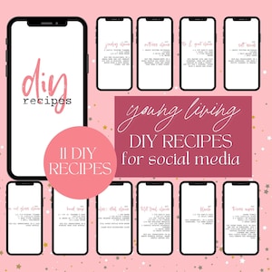 Może przedstawiać: Grafika w kolorze różowym i złotym z tekstem "DIY recipes" i "11 DIY RECIPES" w białym kółku. Grafika zawiera również tekst "young living DIY RECIPES for social media".