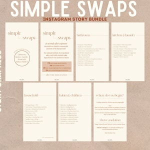 Może przedstawiać: Zestaw sześciu grafik do historii na Instagramie z beżowym tłem i brązowym tekstem. Grafiki są zatytułowane "Proste zamiany" i zawierają listy zamian dla różnych obszarów domu, w tym łazienki, kuchni, pralni, gospodarstwa domowego, niemowląt i dzieci oraz grafik "od czego zacząć?"