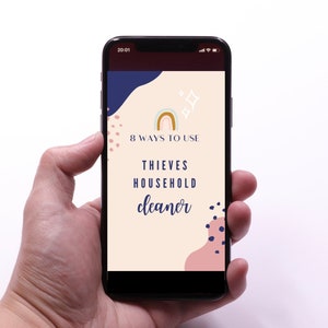 Może przedstawiać: Smartfon wyświetlający cyfrowy przewodnik z tekstem "8 Ways to Use Thieves Household Cleaner". Przewodnik zawiera grafikę tęczy i abstrakcyjne kształty w kolorze różowym i niebieskim.