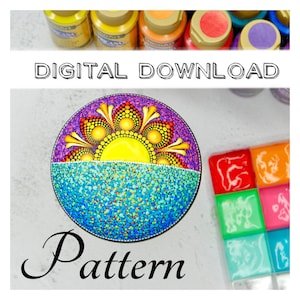 May include: A vibrant mandala design with a sunburst pattern, using purple, yellow, and blue hues. The image includes the text "DIGITAL DOWNLOAD" and "Pattern". Paint jars are visible in the background.