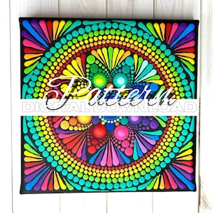May include: A colorful dot painting pattern on a black canvas. The pattern is a mandala with a rainbow of colors, including red, orange, yellow, green, blue, indigo, and violet. The pattern is surrounded by a black border.