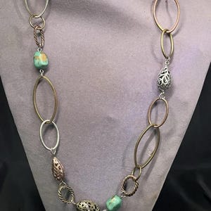 Vintage Silver & Bronze Tone w Faux Turquoise Gems Long Adjustable Necklace 25-27.5”