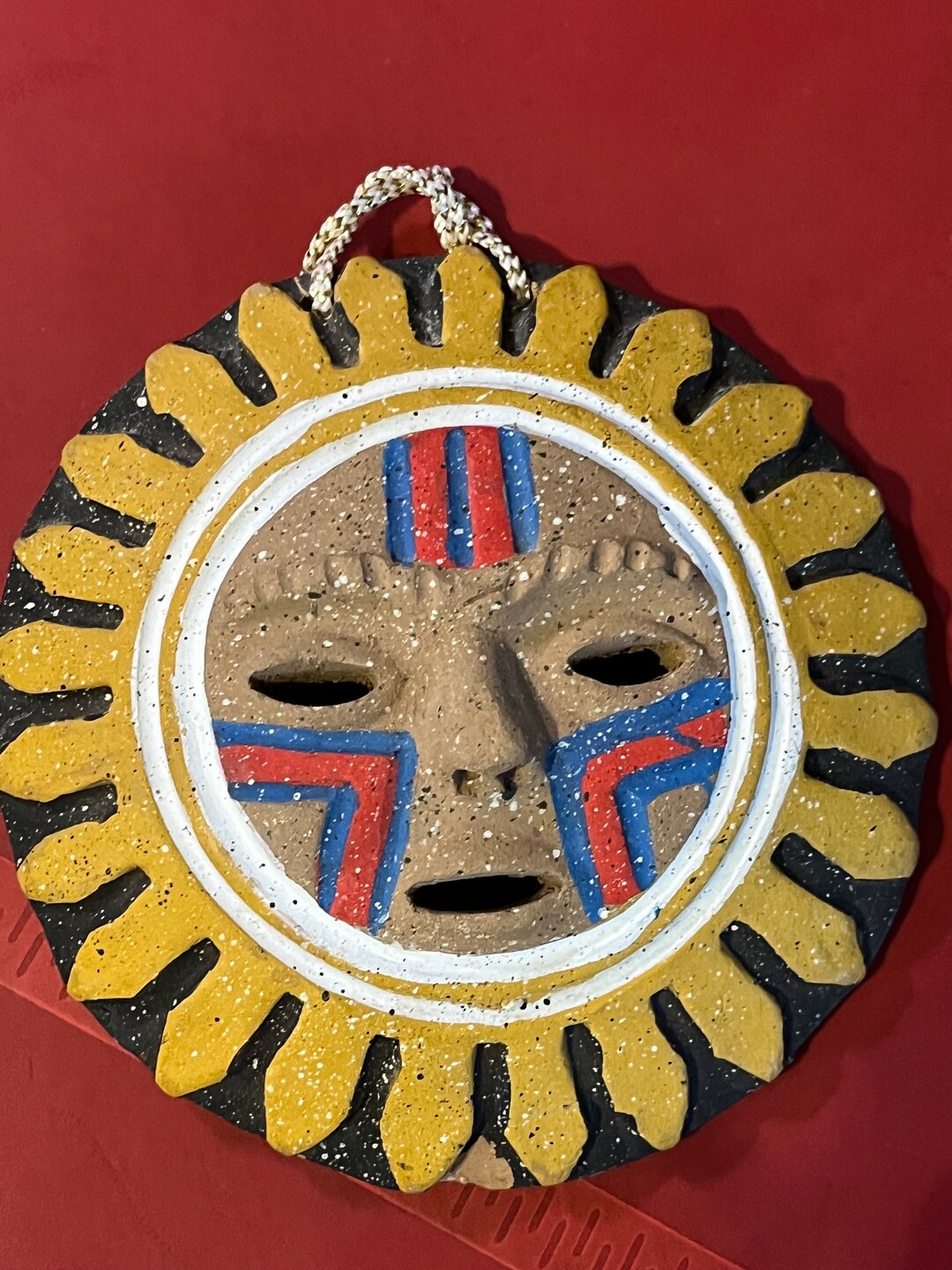 Vintage Hand Sculpted & Painted Aztec Warrior Face Plate Ceramic Clay ...