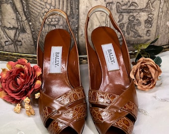 SALE! Sz 8.5 M Vintage High End Designer High Heel Shoes ~BALLY Italian Leather, Open Toed, Strappy Sling Back Shoes w Wood Bottom