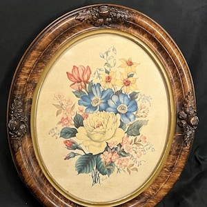 Antique Oval Ornate Carved Wooden Frame w Flower Floral Still Life Art Print 12x9” Signed Carle