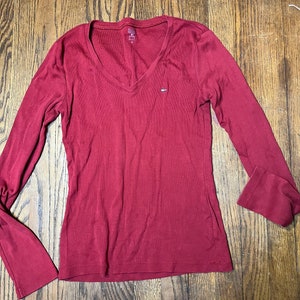 SALE!  Small Vintage Y2K Era Tommy Hilfiger Womens, Long Sleeve, V-Neck Top- Maroon Shirt