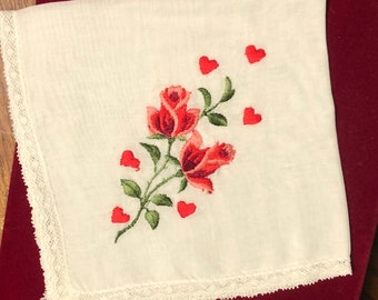 SALE! Gorgeous Vintage White, Thin Delicate Handkerchief ‘Hanky’ w Needlepoint Embroidered Roses & Hearts Bordered in Dainty Lace