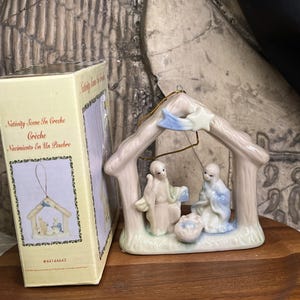 Vintage International Bazaar Pastel Porcelain Nativity Scene in Crèche Christmas Ornament - Mary , Joseph, Baby Jesus