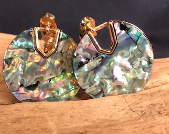 Vintage High-End Abalone Shell  Pierced Round Circle Disk Earrings