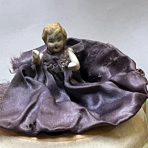 Antique 1800s Mini Bisque Jointed Baby Doll w Blonde Hair & Purple Dress #2B