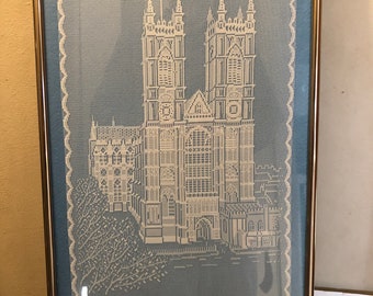 Lg 23” X 14” Vintage Westminster Abbey in Nottingham Lace Framed Wall Art