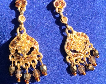 SALE! Vintage GRAZIANO Gold Plated Crystal Rhinestone & Glass Beaded Chandelier Dangle Earrings;Fashion Jewelry