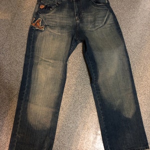 Sz 40/35 Y2K Vintage AKADEMIKS Distressed and Embroidered Baggy, Wide Leg, Hip Hop /Streetwear Jeans