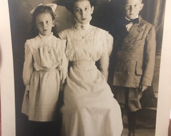 Antique Early 1900s Postcard Photo of 3 Edwardian Children Dressed in Their Best