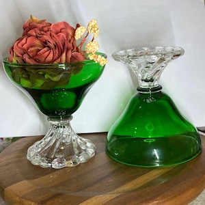 Vintage 1950 Set of 2 Anchor Hocking Emerald Green BOOPIE Sherbet /Sorbet Dessert or Drink Glasses w Clear Stems