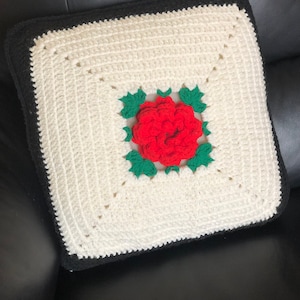 SALE! OOAK Vintage Square 16.5” x 16.5” White Knitted Crocheted Throw Pillow W 3D Rose & Black Border