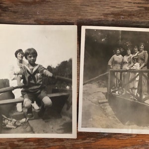 SALE! 2 Antique Black & White Photo Family Of 4 Adult Sisters and Boy On Lake In Boat;Landscape;Outdoors