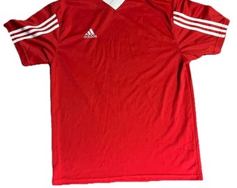 Vintage SzLg 1990er Jahre Adidas Rot & Weiß Trefoil 3 Streifen Fußball Trikot; Kurzarm Hemd