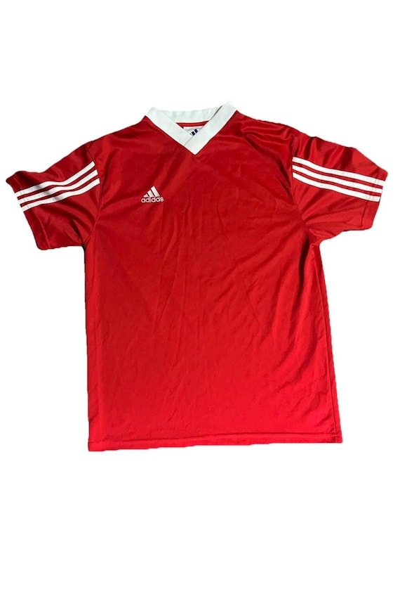 Vintage SzLg 1990s Adidas Red & White Trefoil 3 Stripes Soccer Football Jersey;Short Sleeved Shirt