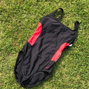 BIG SALE!! Sz10 Vintage Jentzen Black & Red Scoop Neck and Back ,High Cut Leg, Slimming One Piece Swimsuit