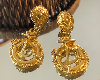 Vintage Gold Tone Solid Brass Dangle Anchor & Rope Nautical Earrings