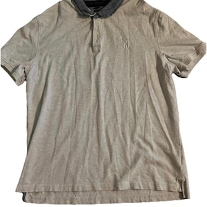 Sz XL Vintage Tommy Hilfiger Heather Gray Polo Shirt w Blue Denim Collar & Stitched Embroidered Logos 1990s